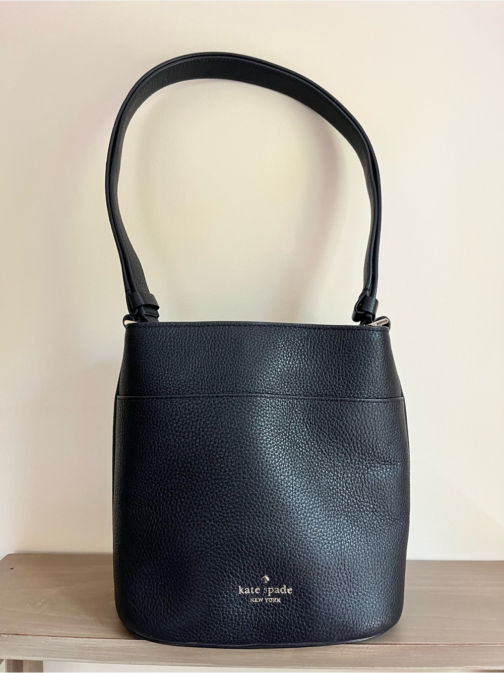 kate spade Lelia Black Pebbled Leather bucket Shoulder Bag with Gold Logo
